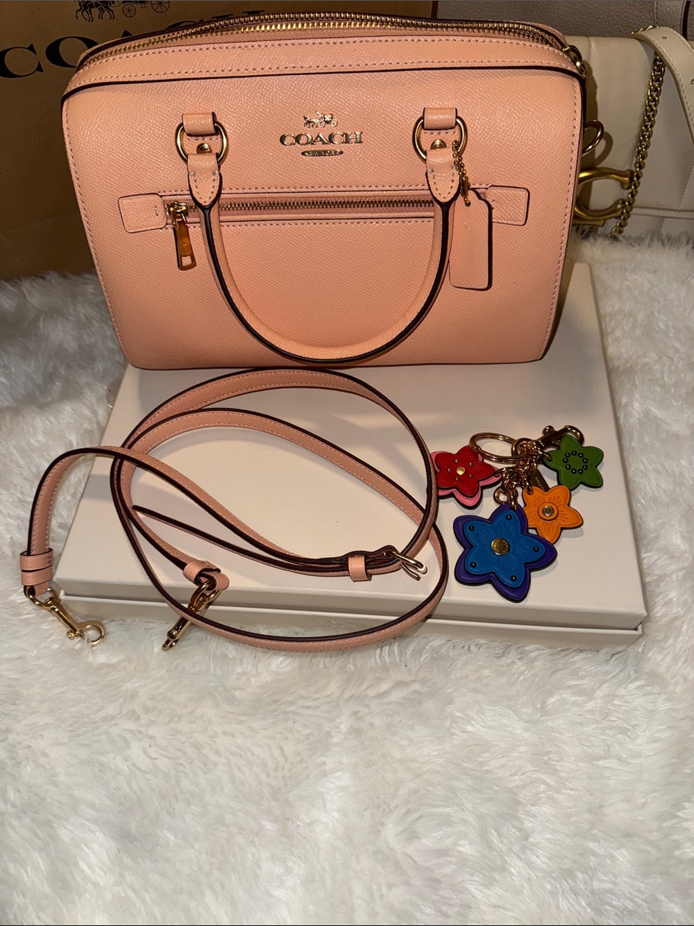Coach Pebbled Leather Satchel in Blush Pink with Floral Charm